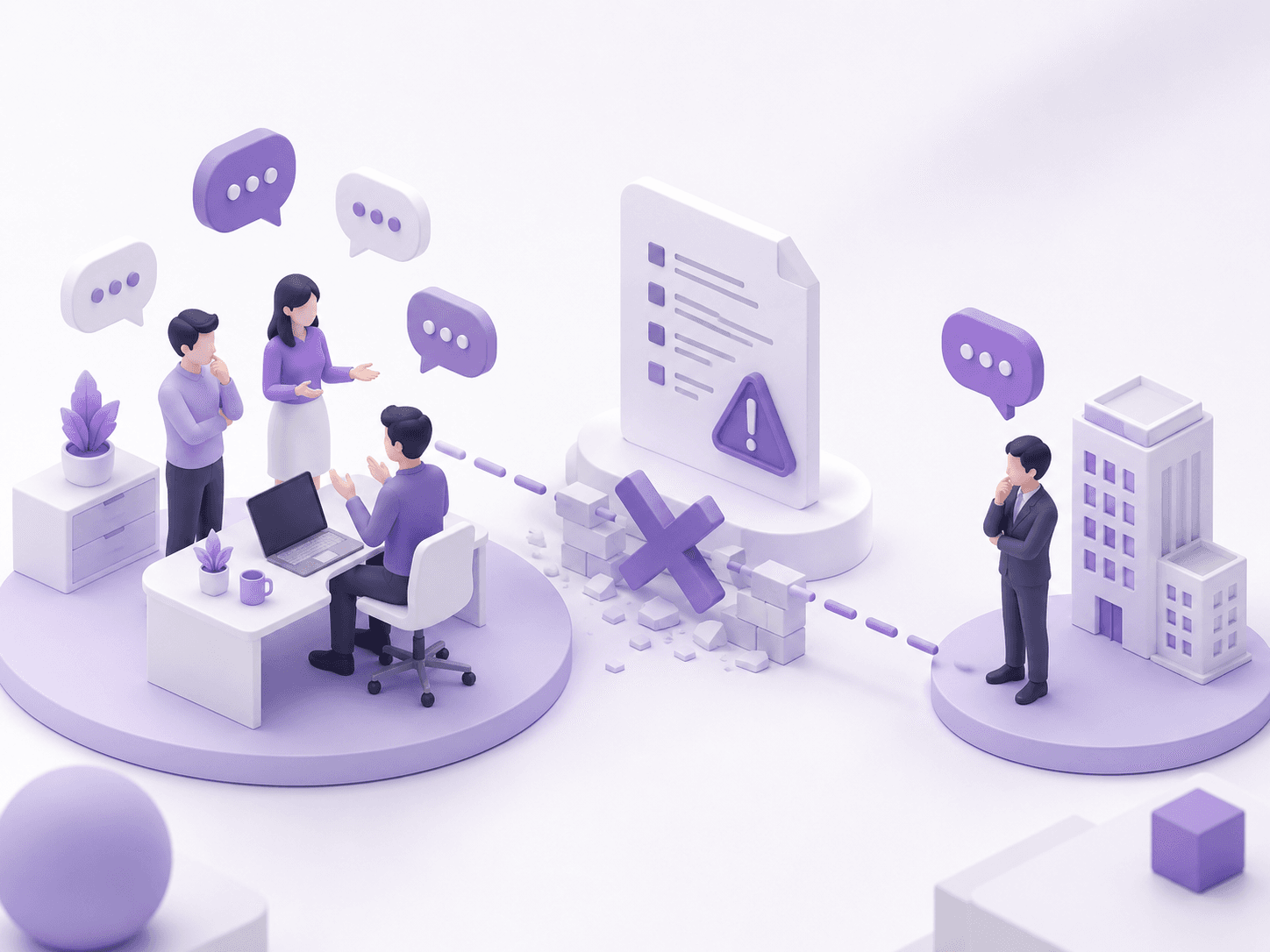 打ち合わせをするチームと、顧客企業との合意形成のすれ違いを表したイラスト